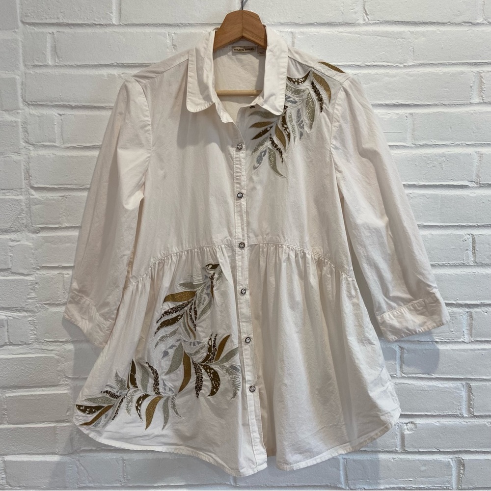 Anthropologie Cream Button-Front Blouse with Olive & Gold Leaf Embroidery